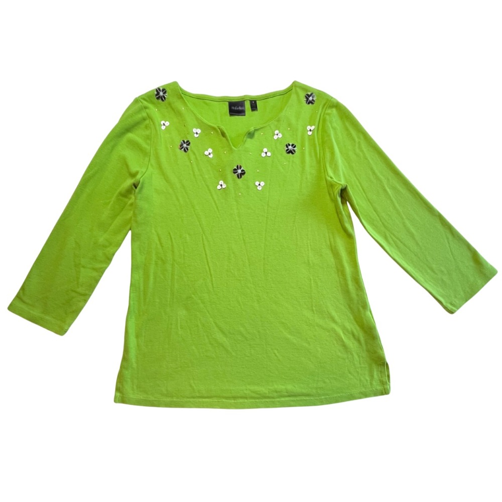 Y2K Style Lime Green 3/4 Sleeve Top M Beaded Floral Sequin V-Neck Fairycore